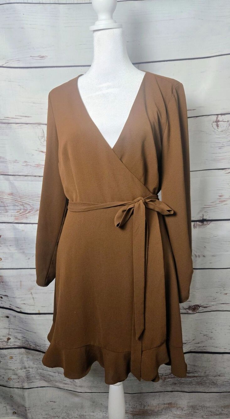Gianni Bini Womens Dress Size M Brown Wrap Long Sleeve Ruffle Hem Tie Waist